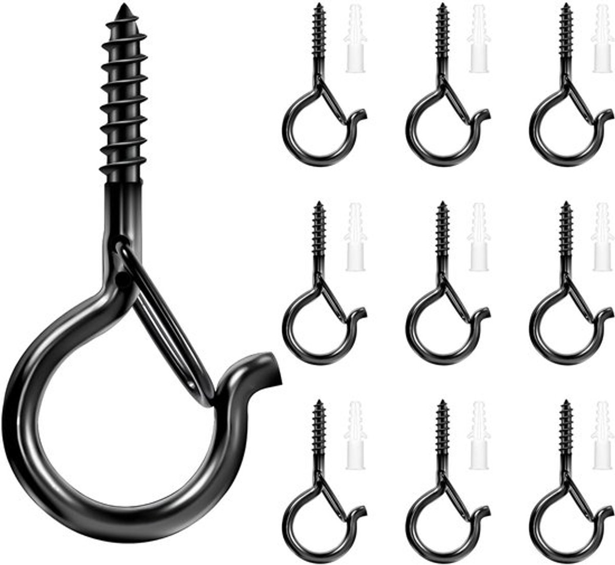 30 stuks schroefhaken, zwarte haken om te schroeven, roestvrij staal, schroefhaken met zekering, met plug, haak voor lichtketting, potplanten buiten, zwart