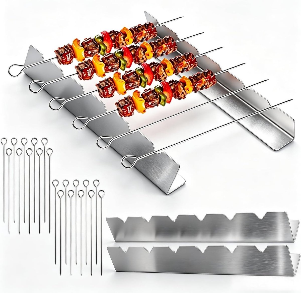 Sjaslikspiesen Set - Kebab Spiesjes - Buiten Grillen - Stapelbare Houders - 24 Delig - Zilver