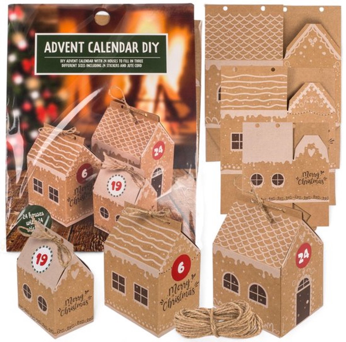 Adventskalender Doe-Het-Zelf - 24 Huisjes in 3 Maten - Cijferstickers - Jute Koord - Creatieve Kerstdecoratie - Ruimte voor Verrassingen - Kerstkalender
