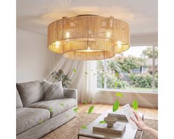 Plafondventilator met Verlichting en Afstandsbediening - Rotan Plafondlamp - Boho Retro Stijl - E27 - 6 Snelheden & Timer