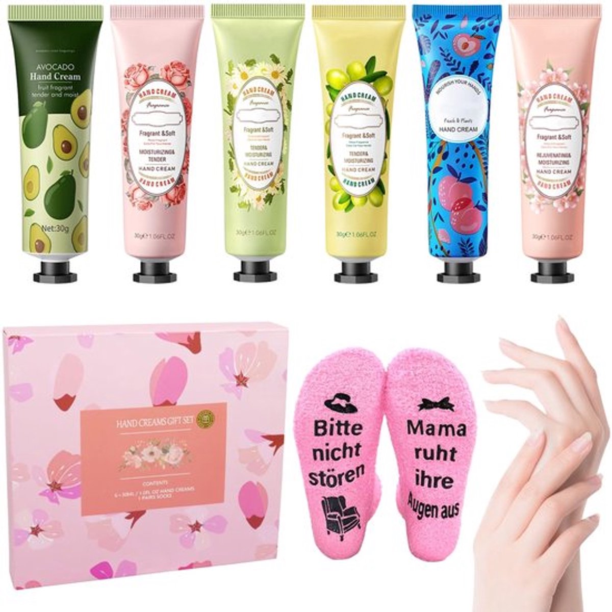 Handcrèmeset 6-delig - Mini-handcrème - Sokken met tekst - Natuurlijke kruidenformule - Cadeau voor moeder - Kerstcadeau - Verzorgingsset