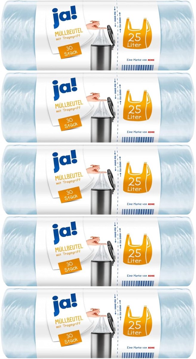 SnelShoppen - 150 Afvalzakken met Handvat, 25 Liter, 5 Rollen van 30 Stuks, Scheurvaste Bodemnaad, Transparant, Ideaal voor Huishoudelijk Afval, Keuke