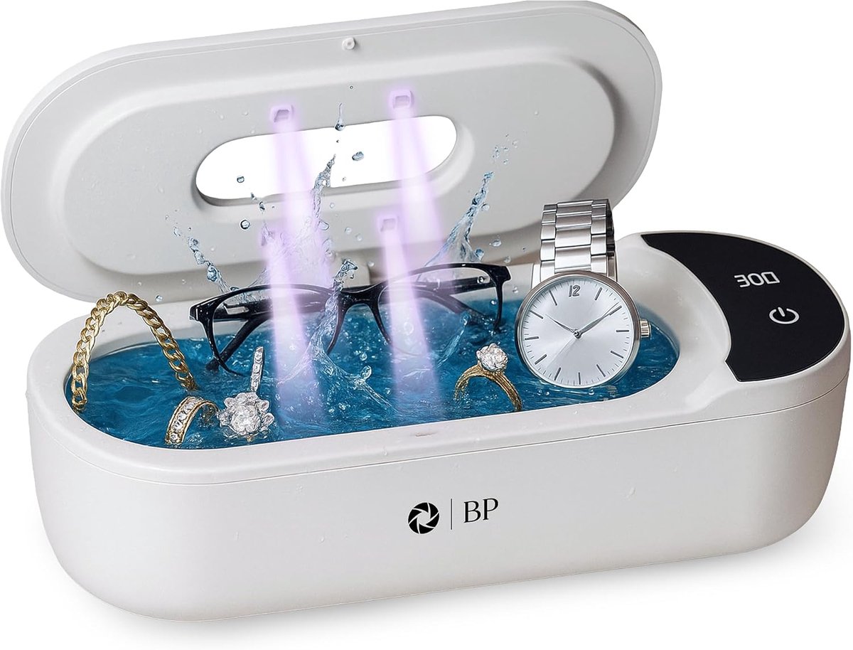SnelShoppen - Ultrasoon Reiniger met UV-C Desinfectie voor Brillen, Sieraden, Horloges en Kunstgebitten, 48kHz, 400ML Roestvrijstalen Bak, Wit