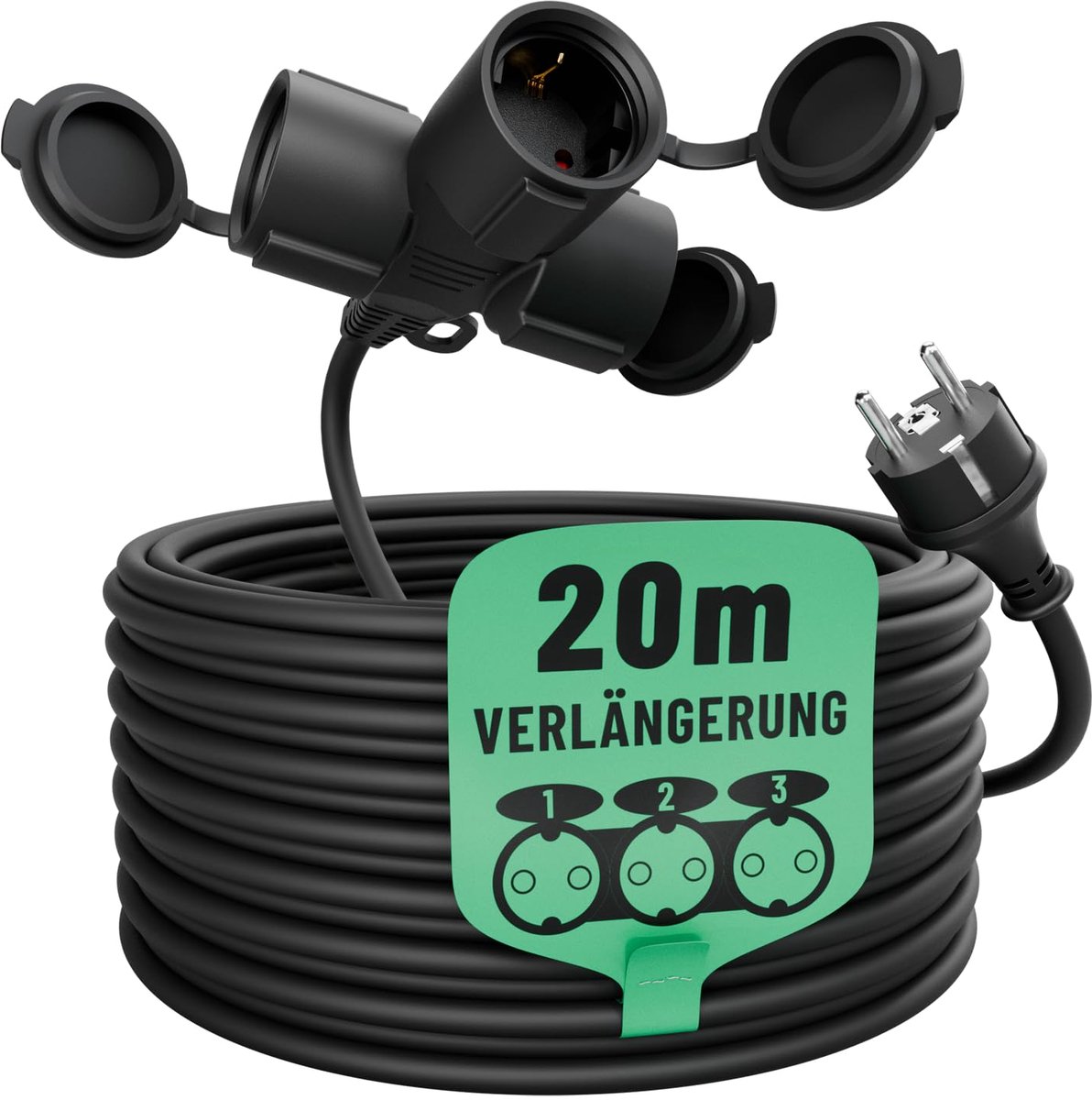 SnelShoppen - 3-voudige Verlengkabel Buiten 20 Meter Waterdicht IP44 3500W - Tuin, Camping, Feest, Hoogvermogen, Betrouwbaar, Geschikt voor Buitengebr