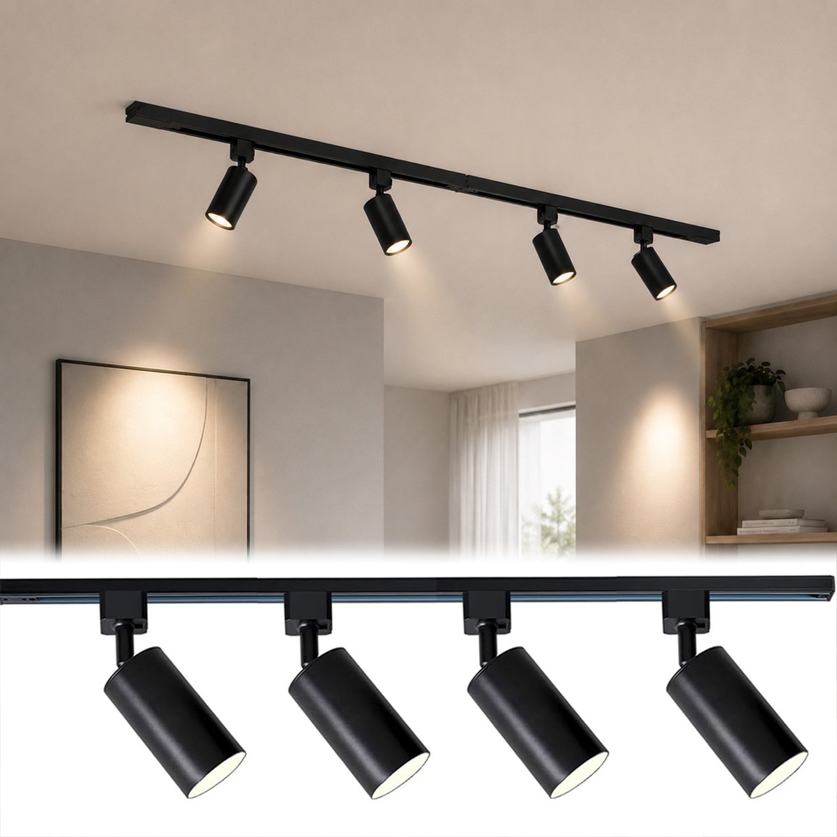 Rosnek 3 Stuks Complete Railverlichtingssets - per Set 1,5 m Zwart Railsysteem met 4 Draaibare GU10 LED Spots - 3000K Warm Wit - Uitbreidbaar voor Woonkamer, Keuken en Kantoor