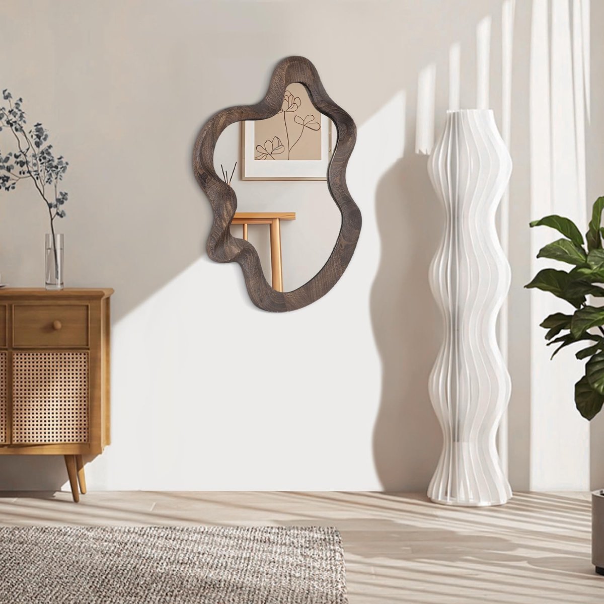 SnelShoppen - Asymmetrische Wandspiegel Grote Decoratieve Spiegel met Houten Frame voor Make-uptafel, Slaapkamer, Badkamer en Entree in Stijlvol Wolke