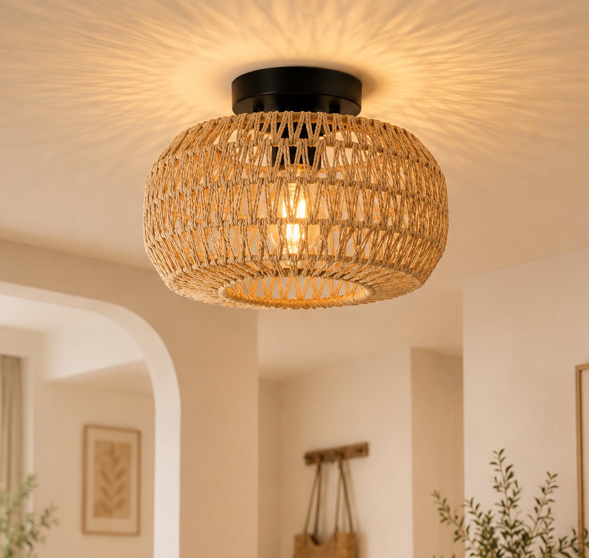 MUPOO Boho Rotan Plafondlamp Ø28 cm–Landelijk Plafonnière met E27 LED Filamentlamp – plafondverlichting Voor Slaapkamer, Woonkamer, Hal en Entree
