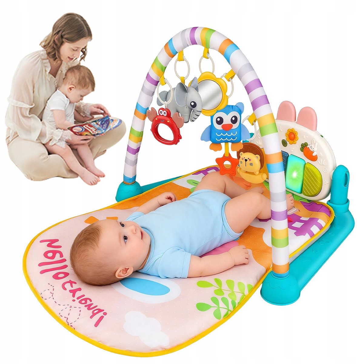 Speelmat Baby - Kruipmat met boog - 2-in-1 - 5 Speeltjes - Voetpiano - Sterrenprojectie - 180° Draaibaar - Baby Fitnessmat - Voor 0-12 Maanden - Educatief Cadeau