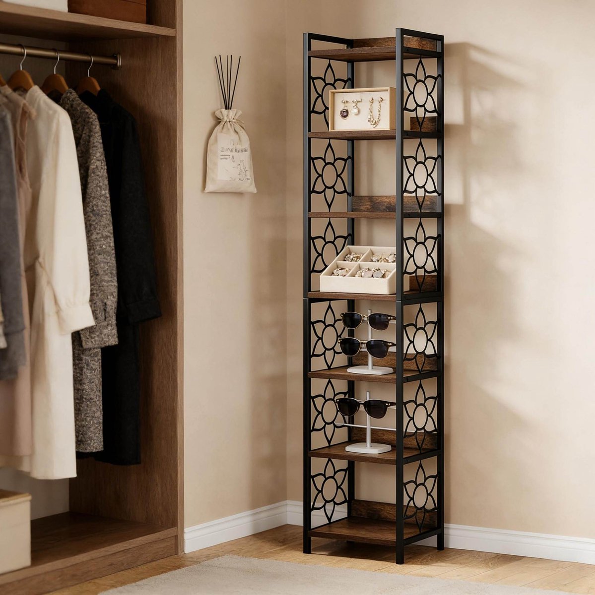 HAUSS SPOLE Boekenkast – 7 Etages Hoekrek – 200 x 40 x 34 cm – MDF en Metaal – Zwart en Rustiek Bruin – Open Opbergruimte met Bloemmotief