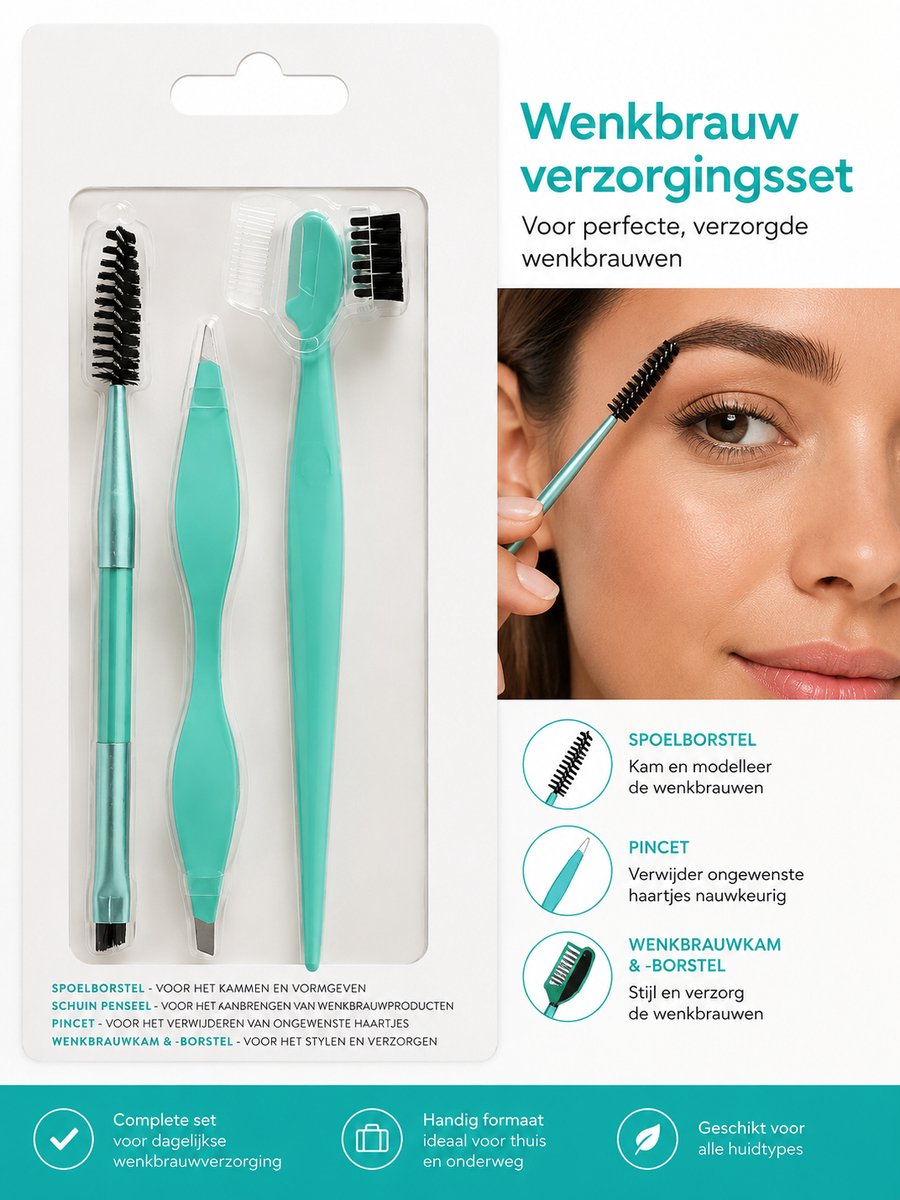 3-delige Wenkbrauw Verzorgingsset – Pincet, Spoolie Borstel & Wenkbrauwkam – Complete Eyebrow Grooming Kit