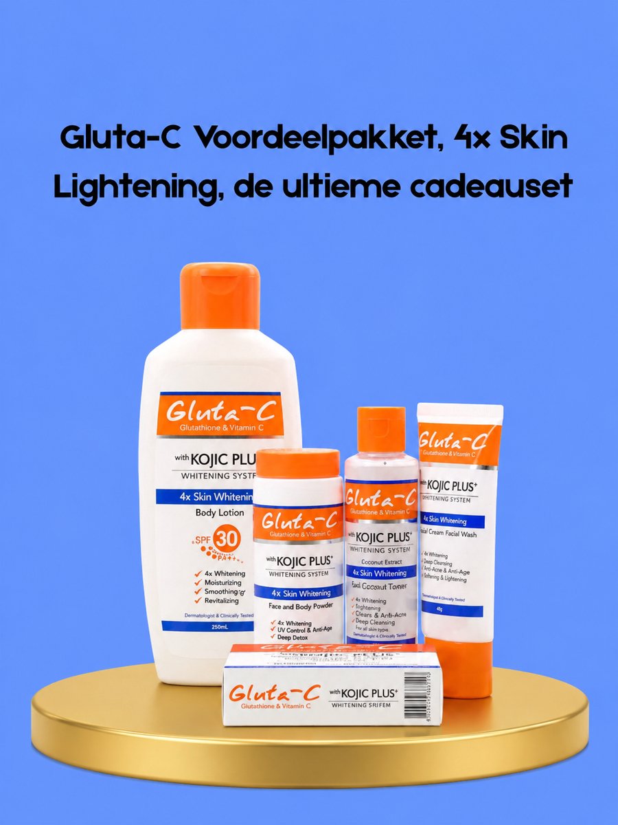 Gluta-C Voordeelpakket – 4× Skin Lightening – De Ultieme Cadeauset – Verhelderende & Hydraterende Huidverzorgingsset – Helpt Donkere Vlekken te verminderen, Egaliseert de Huidtint & Laat de Huid Stralend, Zacht & Gezond Achter