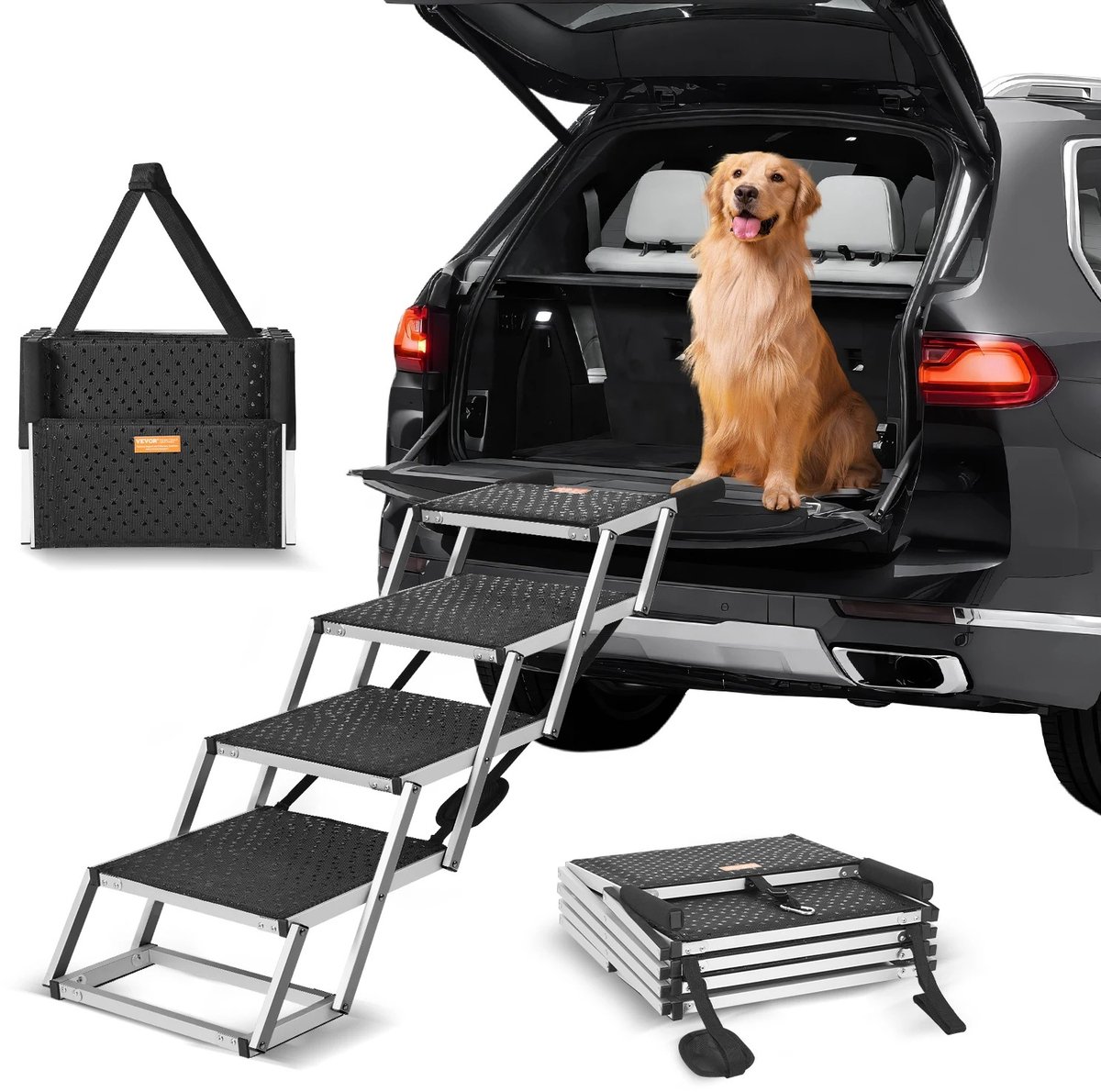 DierDO - Hondentrap Auto - Hondenoprit - Huisdiertrap - Zilver/Zwart - 78,5x64,5 cm - 4-Traps - Opvouwbaar - Antislip - Tot 68 kg