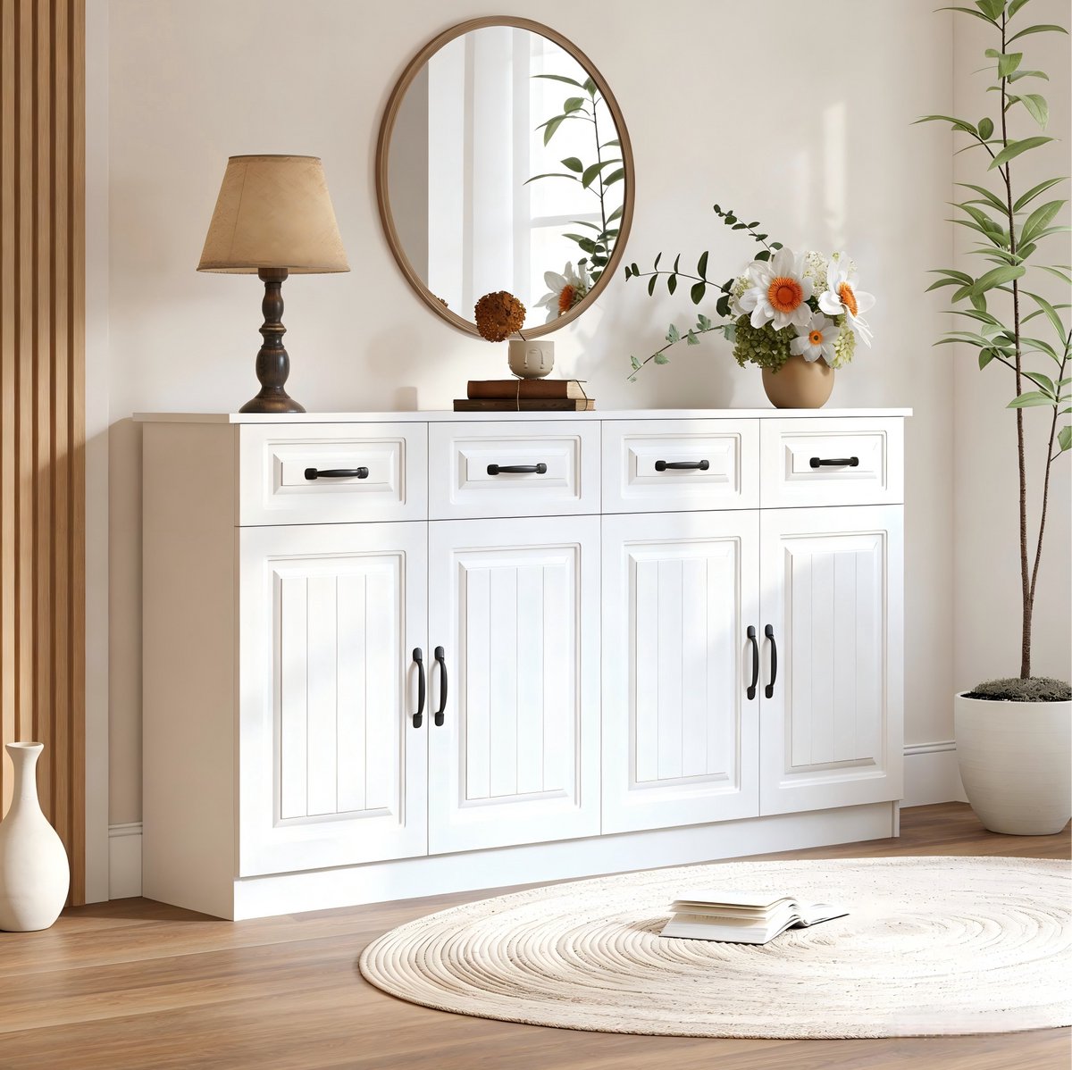 DESMIU Dressoir - Moderne Opbergkast Met 4 Lades En 4 Deuren - Voor Woonkamer Slaapkamer En Keuken - MDF - 160x35x80 Cm - Wit
