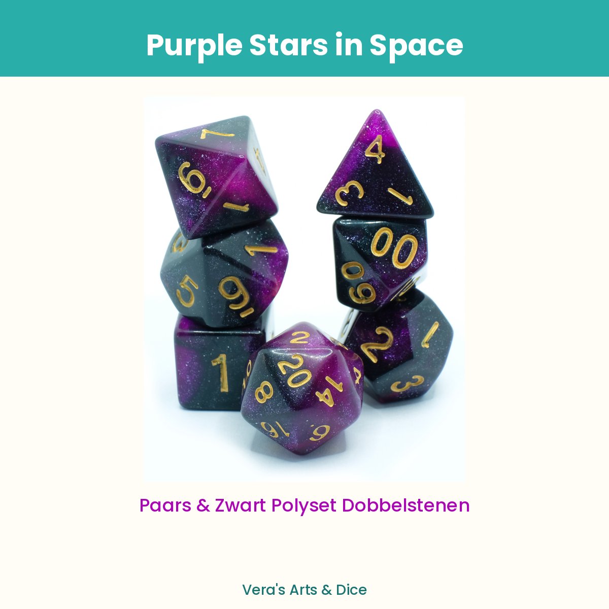 Purple Stars in Space - Vera's Arts & Dice - Dobbelstenen Set - 7-delig - Paars Zwart Goud - D&D RPG
