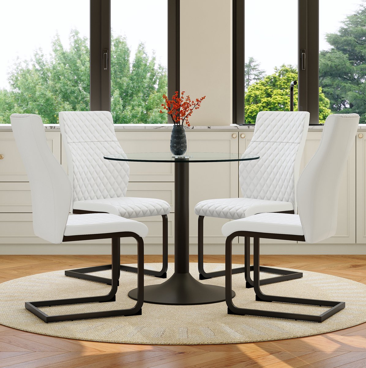 MEUNIQ set tafel en stoelen met ronde glazen eettafel Ø 85 cm en 4 witte eetkamerstoelen met hoge rugleuning en ruitstiksel, metalen frame voor eetkamer of keuken Zwart