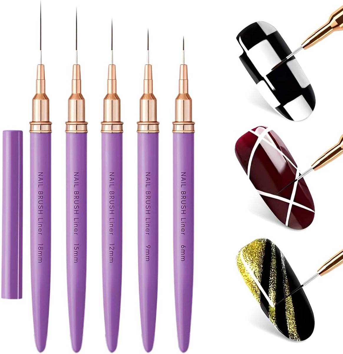 SnelShoppen - 5-delige Nailart-kwastenset voor Nagelkunst, Fijne Details, Lange Lijnen, Nylon, Violet, Maten 6-18 mm, Professionele Kwaliteit voor Cre