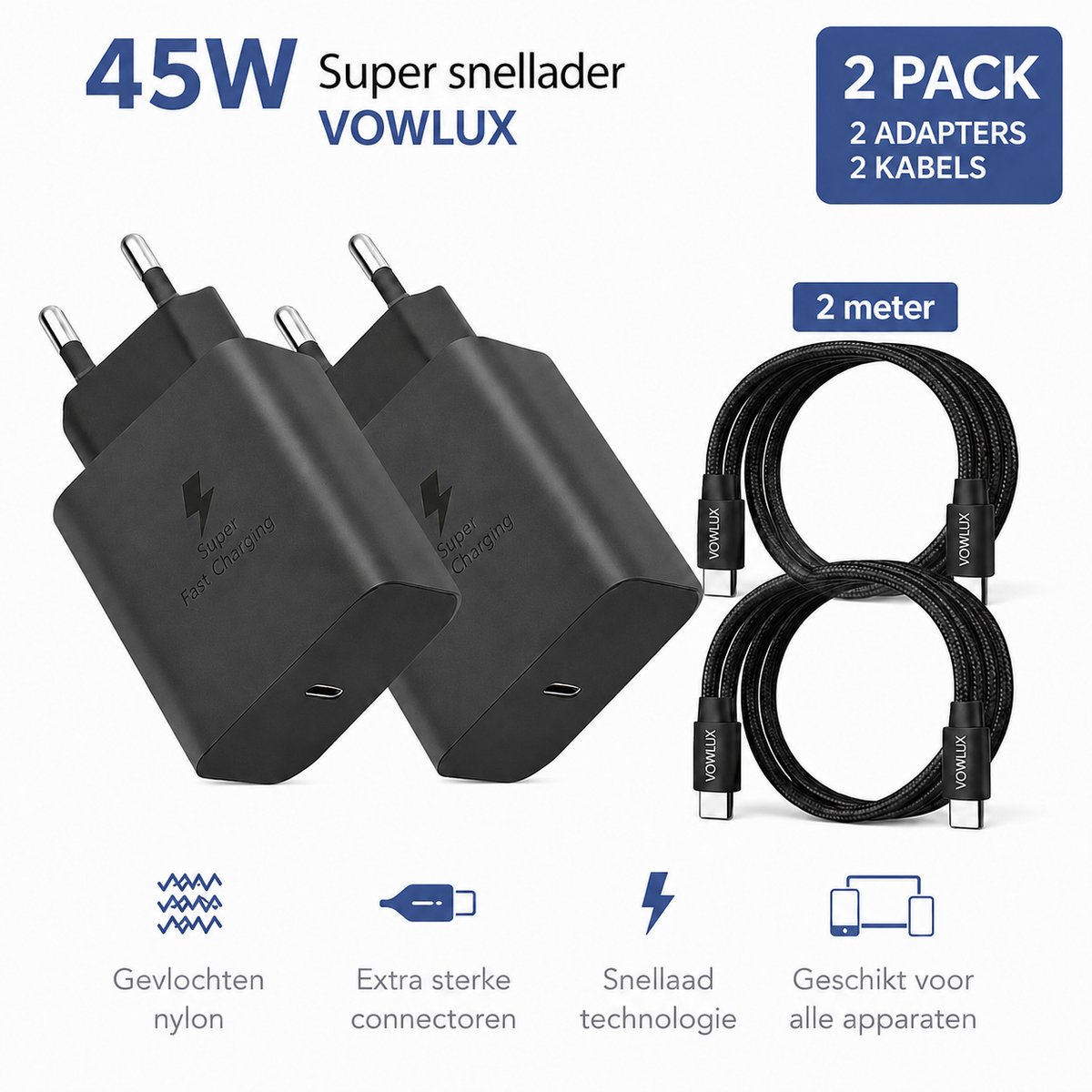 2 Stuks 45W Super Snellader Set + USB-C naar USB-C Kabel 2M – 60W Extra Stevig Gevlochten - Adapter Set - Slimme USB C Oplader - Zwart - Ondersteunt AFC PPS Geschikt voor Samsung Super Fast Charging