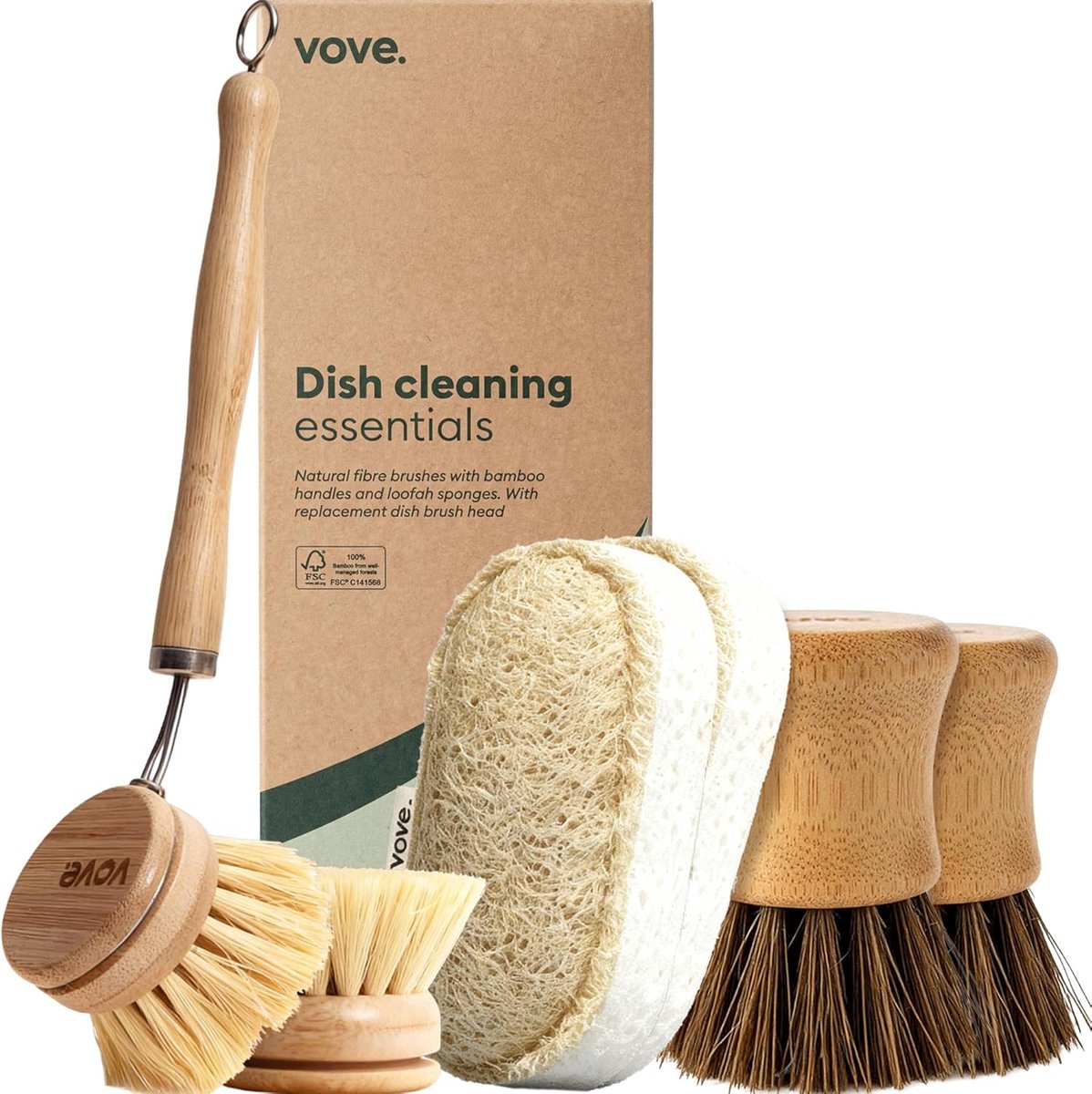 SnelShoppen - Vove Cleaning Essentials Set - Bamboo Afwasborstel met Reservekop, 2 Schrobborstels, 2 Natuurlijke Sponsen - FSC Gecertificeerd, Plastic