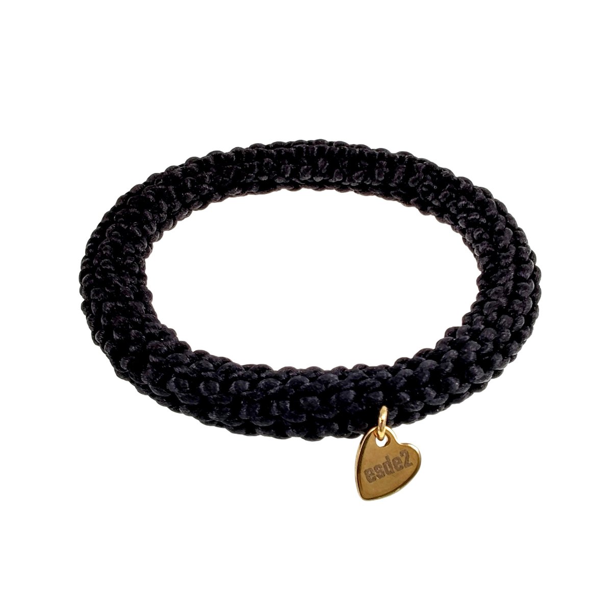 Crochet Damesarmband Zwarte van Satijnkoord met Goudkleur RVS Hart Bedel, Breed 10 mm - Polslenmaat 16 tot 17 cm