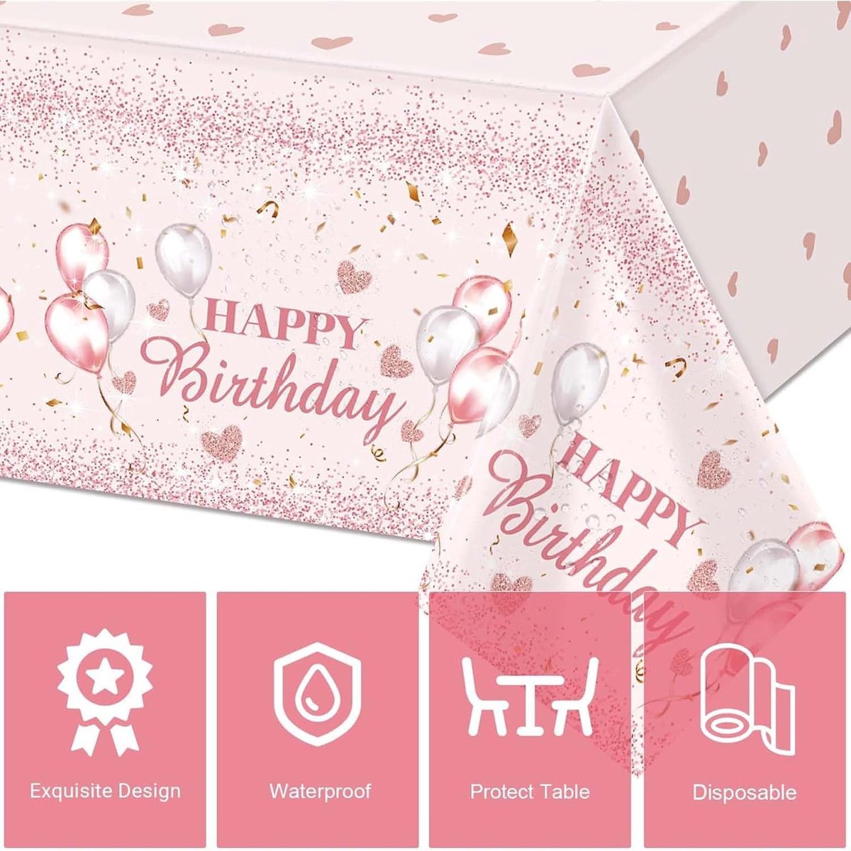 SnelShoppen - Happy Birthday Tafellaken Roze 137 x 274 cm - Waterdicht Feesttafelkleed voor Kinderen - Ballonnen Motief voor Verjaardag, Babyshower, T