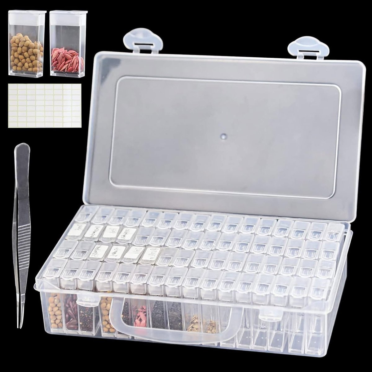 SnelShoppen - 64 Compartimenten Plastic Zaden Opslagdoos, Zaden Organizer met Label Stickers, Ideale Container voor Tomatenzaden, Chili Zaden en Diamo