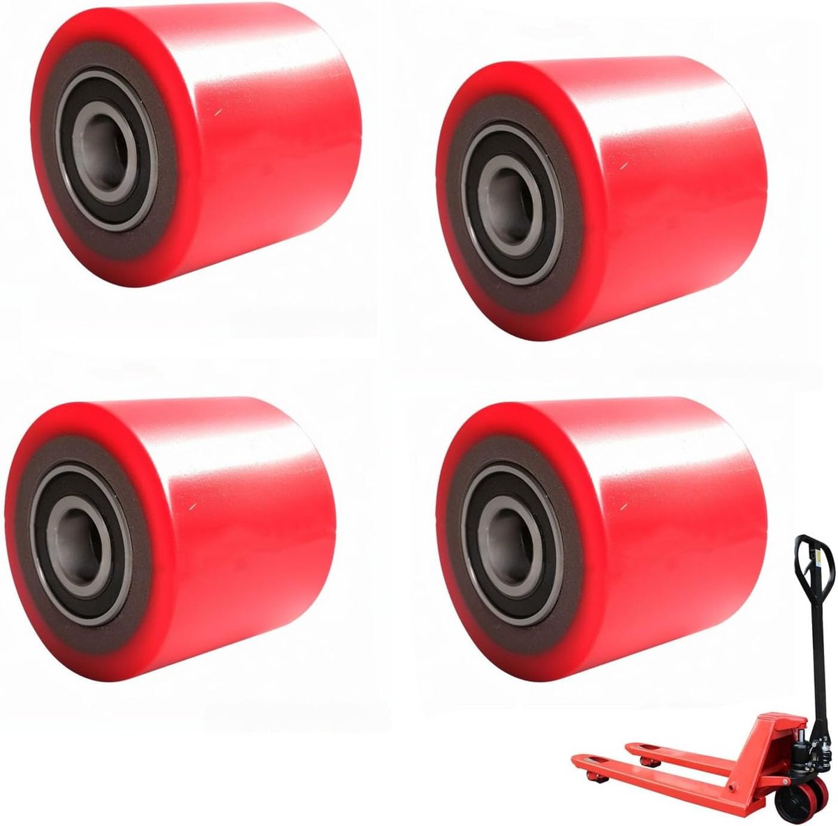 SnelShoppen - 4 Stuks Hefwagenwielen Polyurethaan 80x70mm met Kogellagers, As 20mm - Ideaal voor Hefwagen, Transportwagen en Materiaaltransport