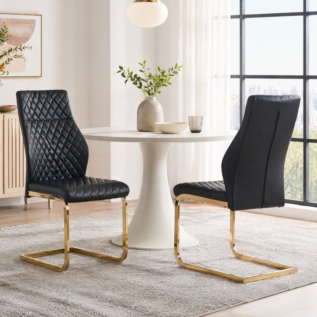 MEUNIQ set van 2 eetkamerstoelen met hoge rugleuning, geruit patroon, zacht kunstleren zitvlak en goudkleurig metalen onderstel, zwart zwart/goud