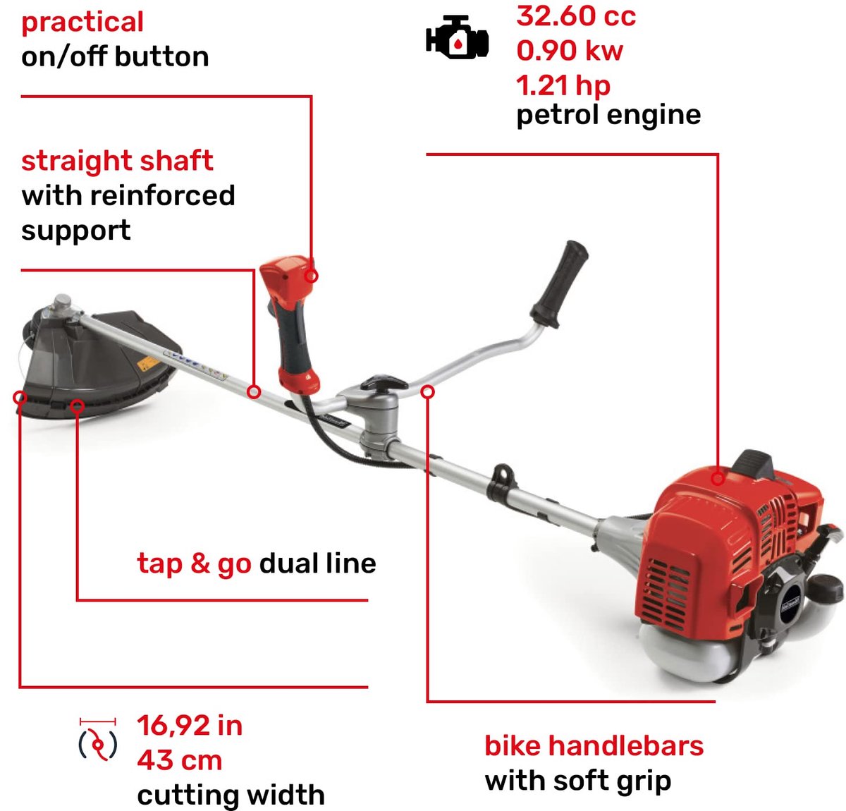 SnelShoppen - Bosmaaier 43 cm Snijbreedte met Easy Recoil Start, 32,6 cc 2-takt Benzinemotor, Fietsstuur en Dubbel Harnas in Rood voor Tuin en Buiten