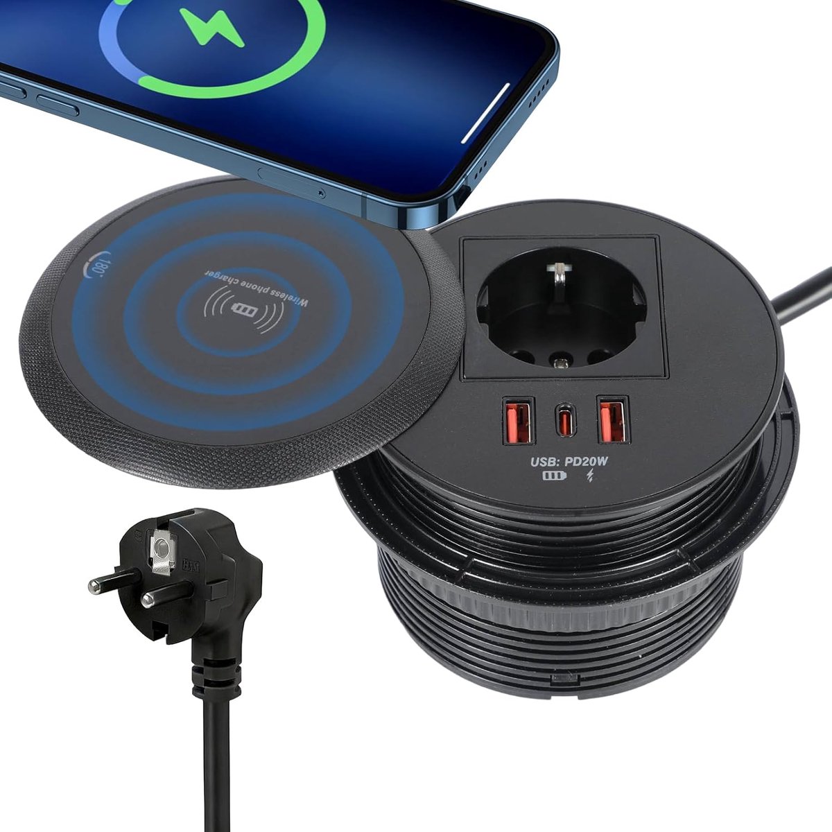 SnelShoppen - Inbouw Socket met USB C + USB A, 1.8 m Kabel, Bureau Socket, 2 USB A Poorten, Zwart met Draadloze Oplading voor Thuis, Kantoor of School