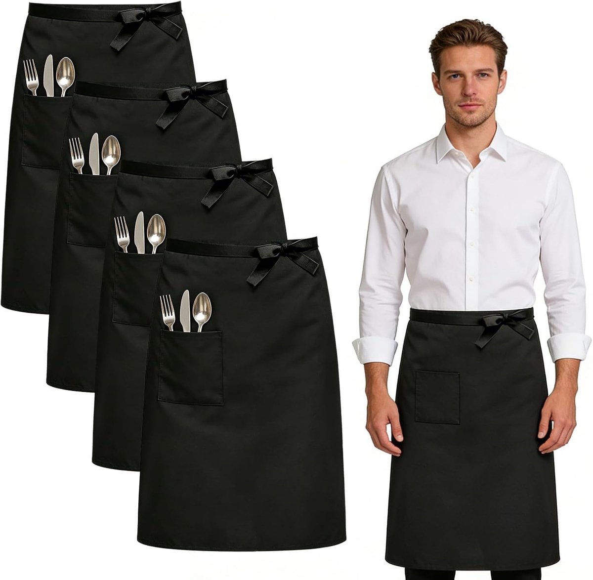 Verstelbare voorbinder schorten met zak, 4 stuks, 68 x 70 cm, ideaal voor horeca, koken en catering