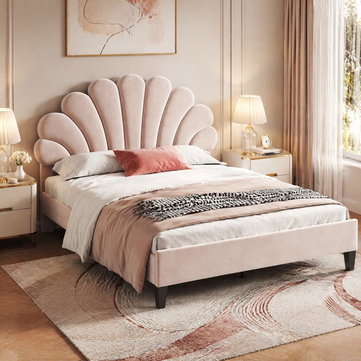 COVREO Bed 140x200 cm beige gestoffeerd met lattenbodem zonder matras