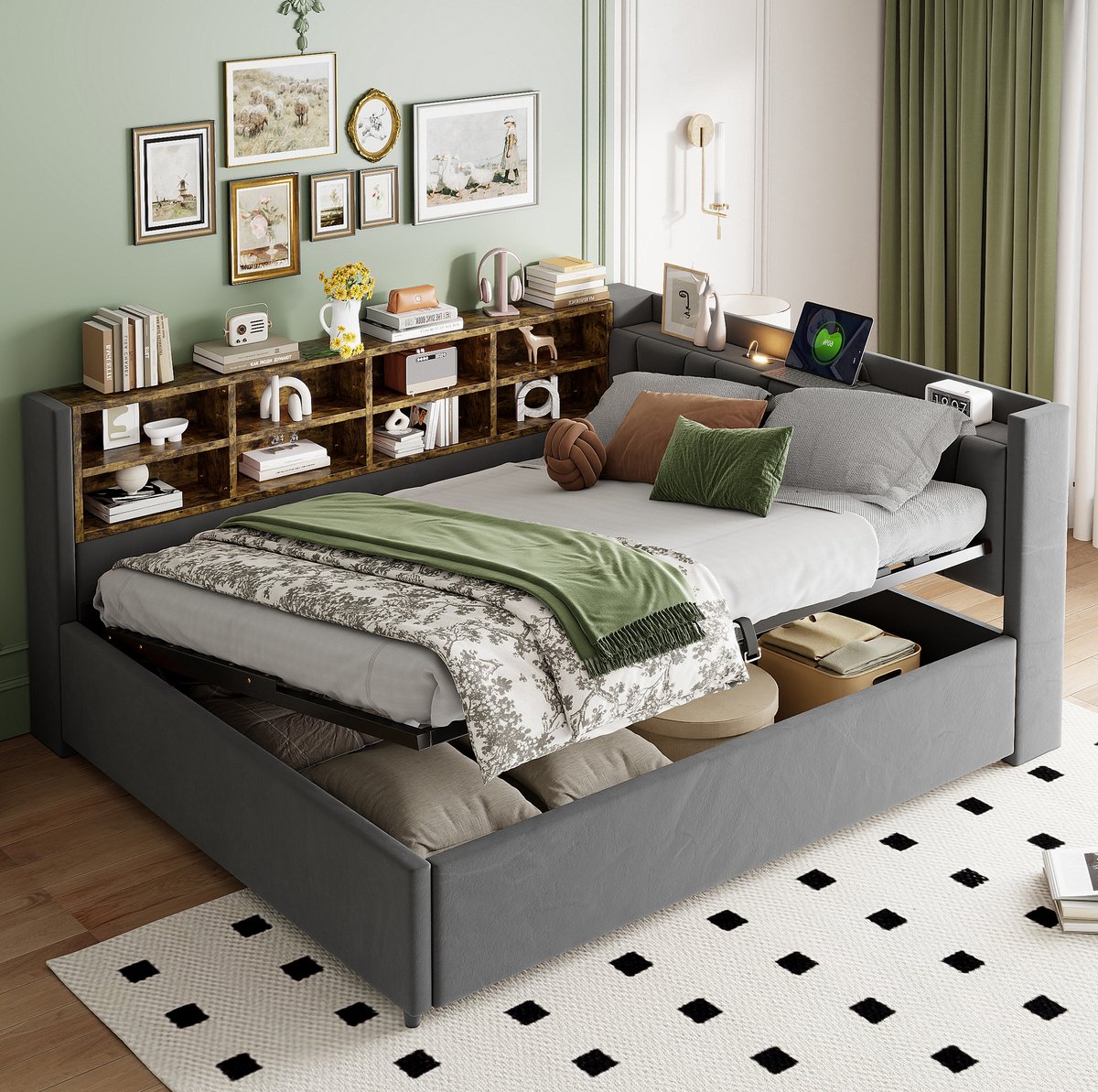 COVREO Bedframe 140x200 cm - donkergrijs velours, opbergruimte, zonder matras Grey