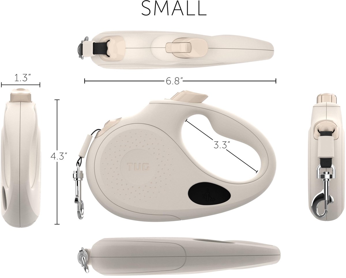 SnelShoppen - TUG Ovale 360° Klitvrije Intrekbare Hondenriem met Afvalzakdispenser - Klein, Crème, Ideaal voor Wandelen, Training en Buitenactiviteite