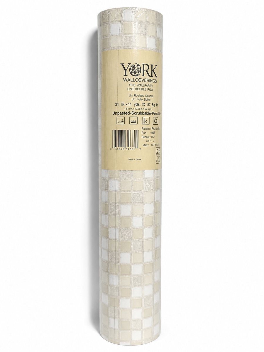 York Wallcoverings Mozaïek Behang Beige/Wit – Luxe Tegelmotief – Vliesbehang – 53 cm x 10 m
