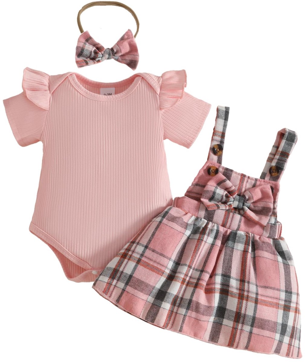 SnelShoppen - Zomerrok voor Babymeisjes - 3-delige Outfit met Korte Mouwen en Geribbeld Bovendeel - Geruite Corduroy Bretelrok voor Feestjes, Tuin en