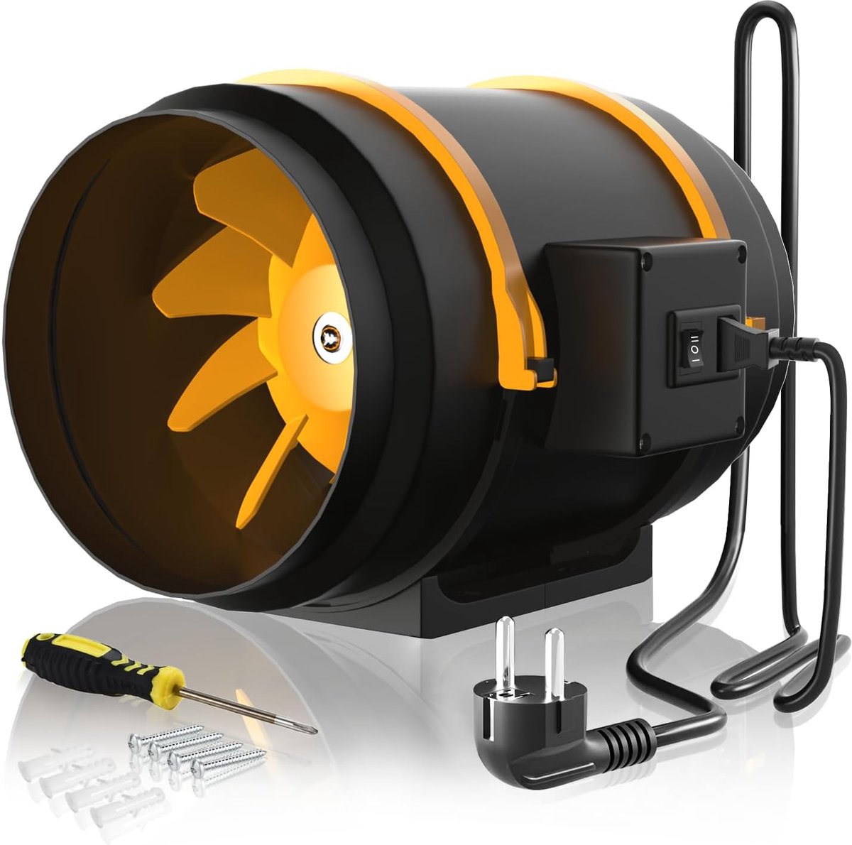 SnelShoppen - Smoke Extractor, Inline Tube Fan 200 mm, 230 V, Silent Exhaust Fan met IEC Socket + 1.5 m EU Power Cord voor Badkamer, Kantoor, Groeikam