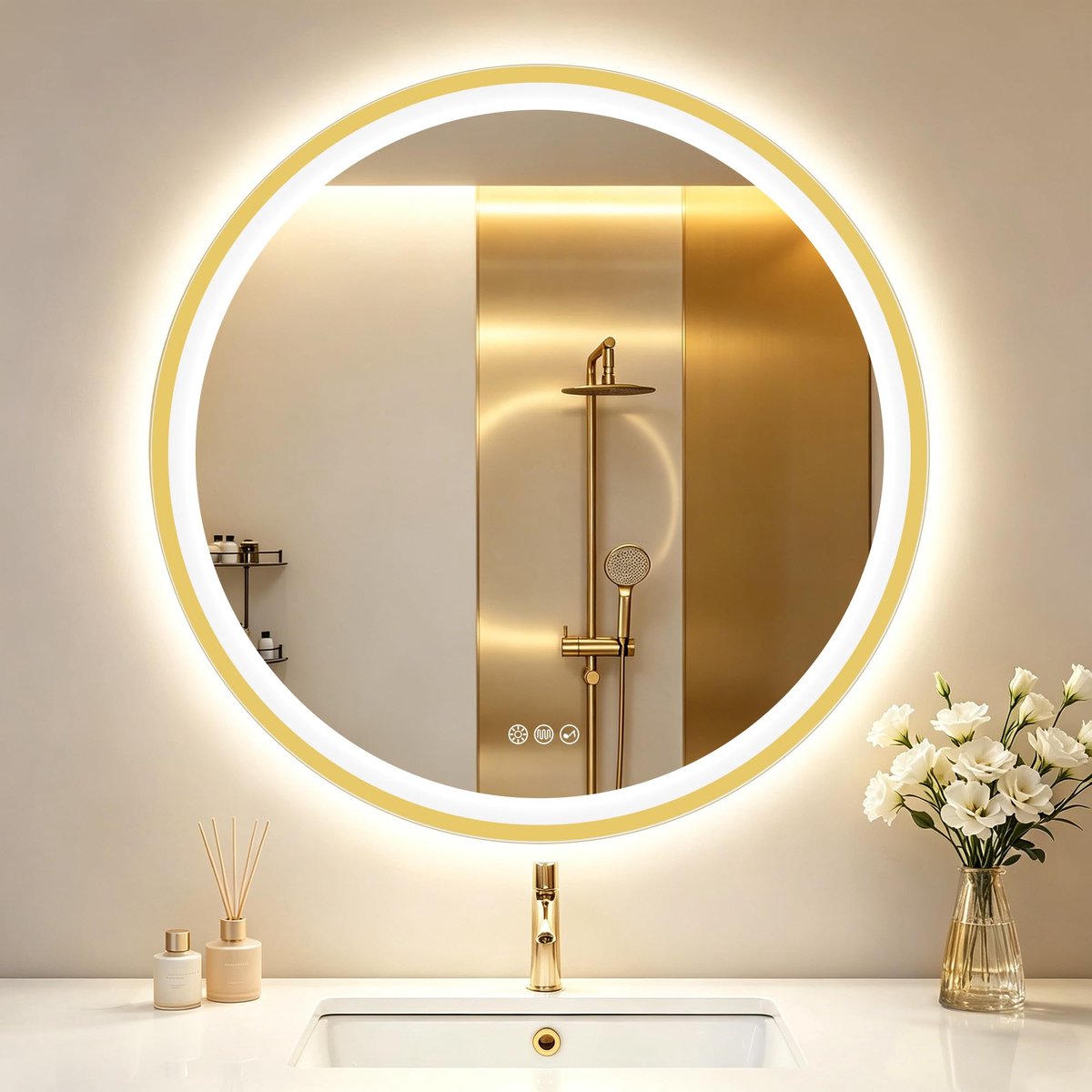 SnelShoppen - 80 cm Ronde Badkamerspiegel met Verlichting, Dimbaar, Bluetooth, Anti-condens, Breukveilig, Gouden Frame voor Luxe Badkamerervaring