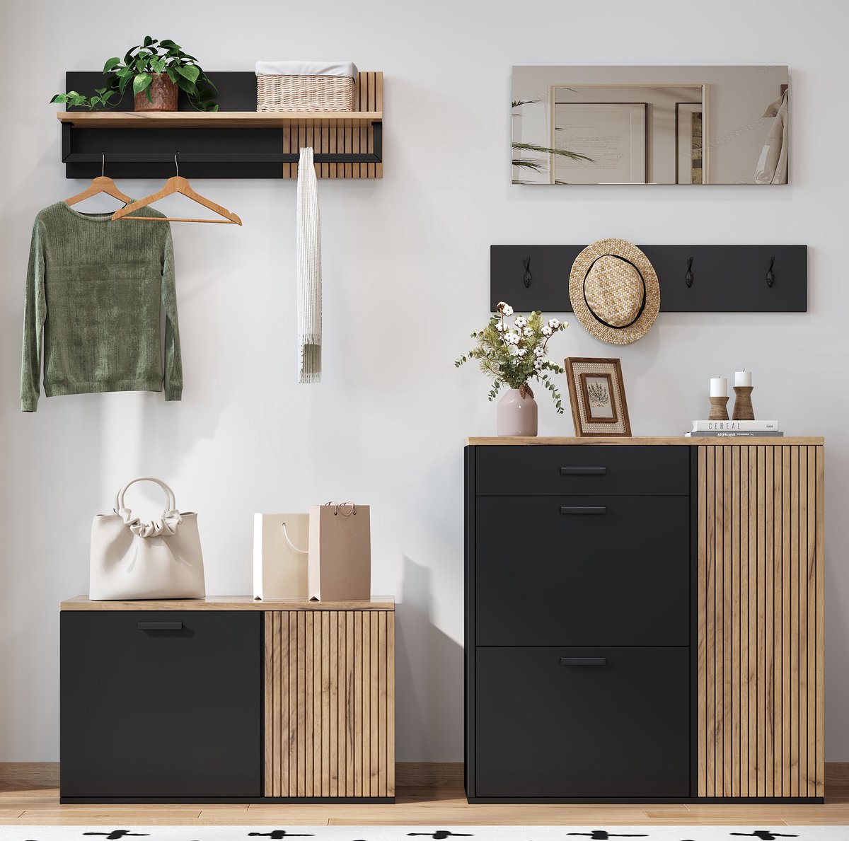 COVREO Schoenenkast set 85x36x85 cm natural en zwart met spiegel en schoenenbank