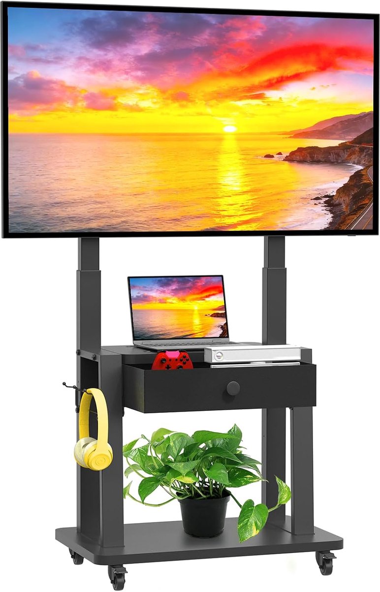 SnelShoppen - Rolbare TV-standaard voor 32-75 inch platte/gebogen schermen met stoffen lade, hoogte verstelbaar, mobiele tv-wagen op wielen, 100 kg dr