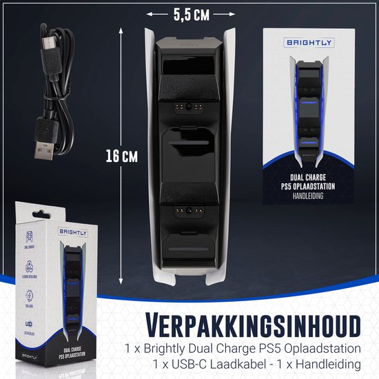 Inhoud: zwarte en witte dual charge PS5 oplaadstation, USB-C kabel, handleiding.