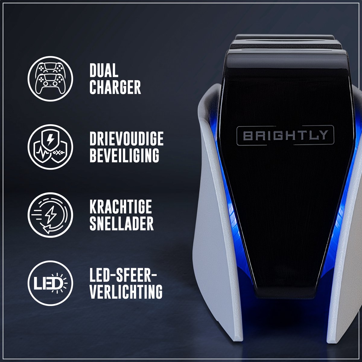 Brightly® PS5 Oplaadstation - Geschikt voor PlayStation 5, PS5 Slim & PS5 Pro DualSense Controllers - LED Indicatie - DualSense Controller Oplader - Docking Station - PS5 Accessoires - Wit – foto 2