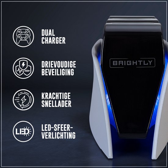 Zwarte dual charger met blauwe LED-verlichting, "BRIGHTLY" logo, voor PS5 controllers.