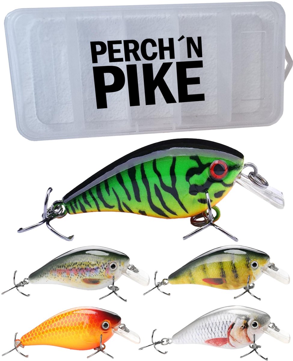 SnelShoppen - Crankbait 5-delige set kunstaas voor baars, snoek en snoekbaars, 6g drijvend, 5,7 cm, visaas set in diverse kleuren voor spinvissen