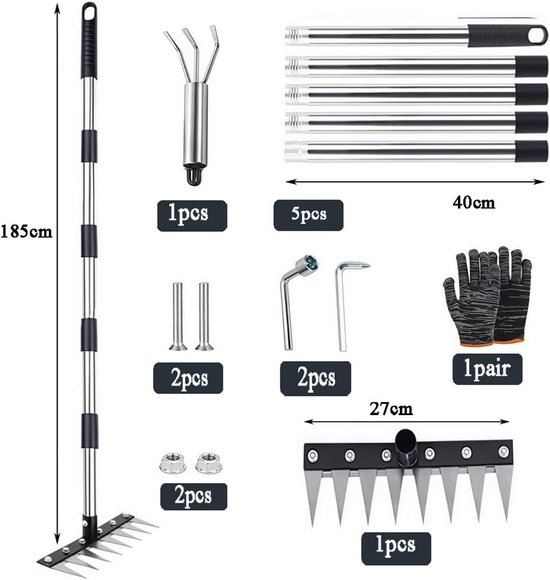 Onkruidsteker Lange Steel - Tuinhark Hark - Gazon Onderhoud - Roestvrij Staal - 185 cm - Zilverkleurig — afbeelding 5