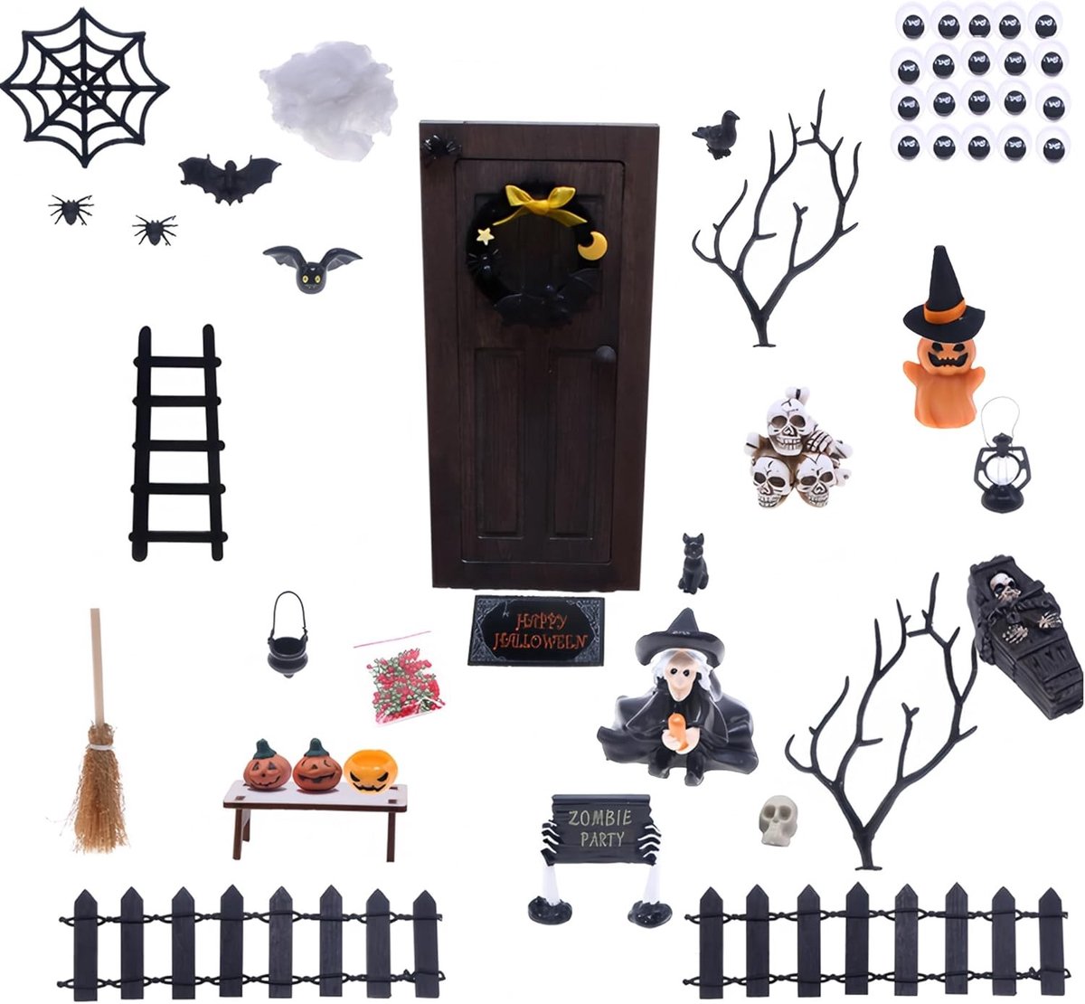 Miniatuurset voor Halloween Decoratie: Handgeschilderde 3D Houten Figuren en Accessoires voor Poppenhuis, Tuin en Feestdecoratie