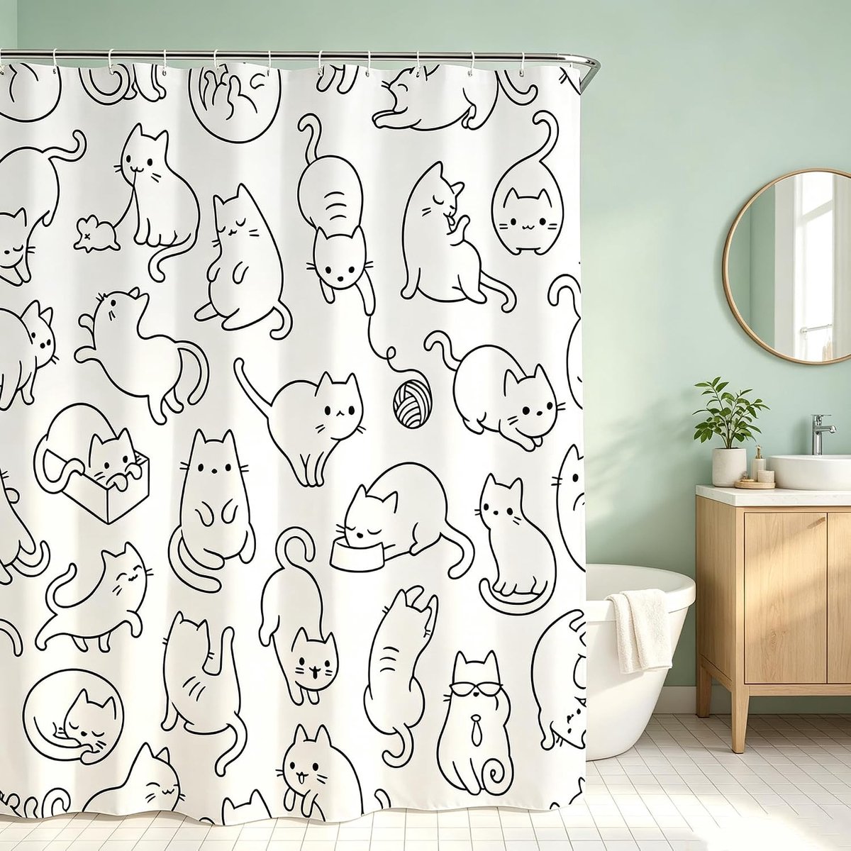 "Douchegordijn - Douchegordijn Anti Schimmel -Cube Design - Waterdicht – Katten Douchegordijn 180 x 180 cm – Zwart-Wit Katten Design - Makkelijk te Installeren en Wasbaar - Privacy en Lichtdoorlatend "