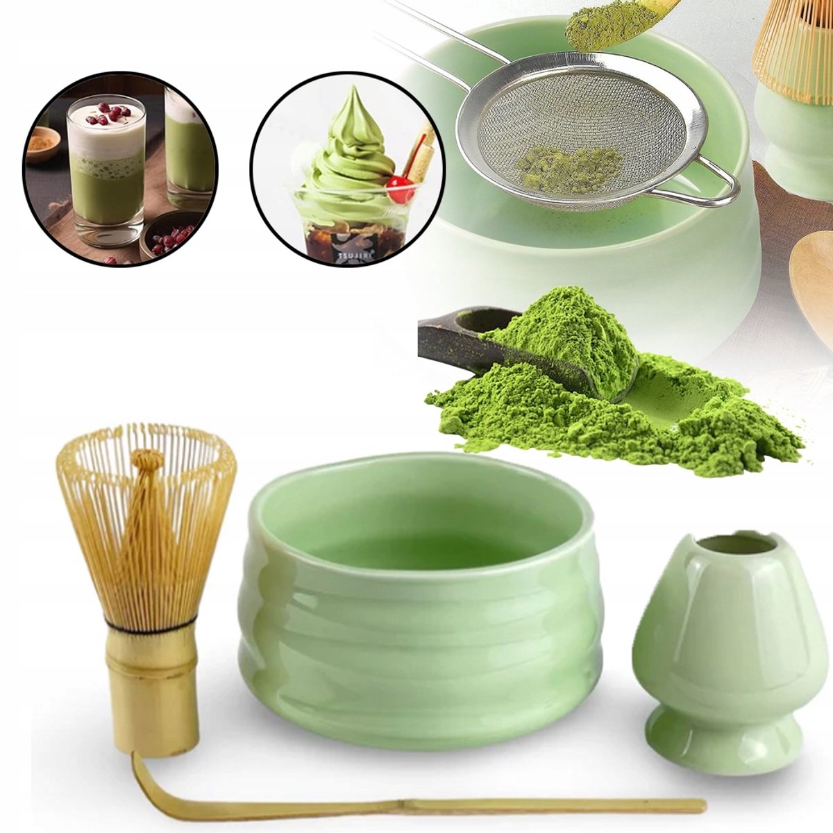 Keramische Matcha-Brouwset, 4-Delige Matcha Starterskit, Matcha Komgarde en Houder, Bamboe Schepje, Cadeau Voor Matcha-Liefhebbers