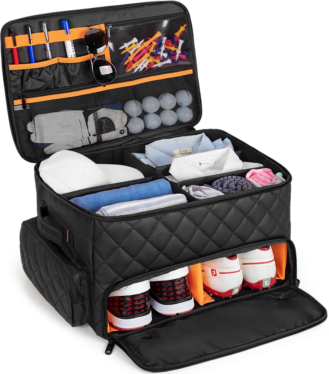 SnelShoppen - 2-Laags Golfkofferbakorganizer met Geventileerd Compartiment voor 2 Paar Schoenen, Golfkar-Opbergorganizer voor Ballen, Kleding, Tees, H