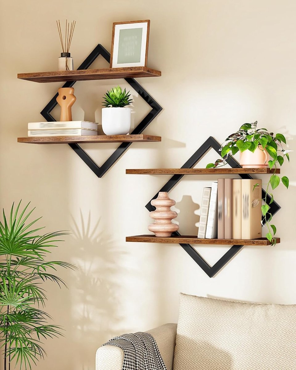 Set van 2 Wandplanken, 2-laags Zwevende Rekken voor Woonkamer, Slaapkamer, Keuken en Kantoor, Rustiek Bruin en Zwart