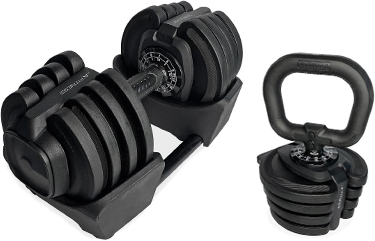 SnelShoppen - Verstelbare 2-in-1 halter/kettlebells 1-18 kg + basis | Snel verstelbare dumbbell 1,5-18 kg halter en 1-10 kg kettlebell | Antislip, rui